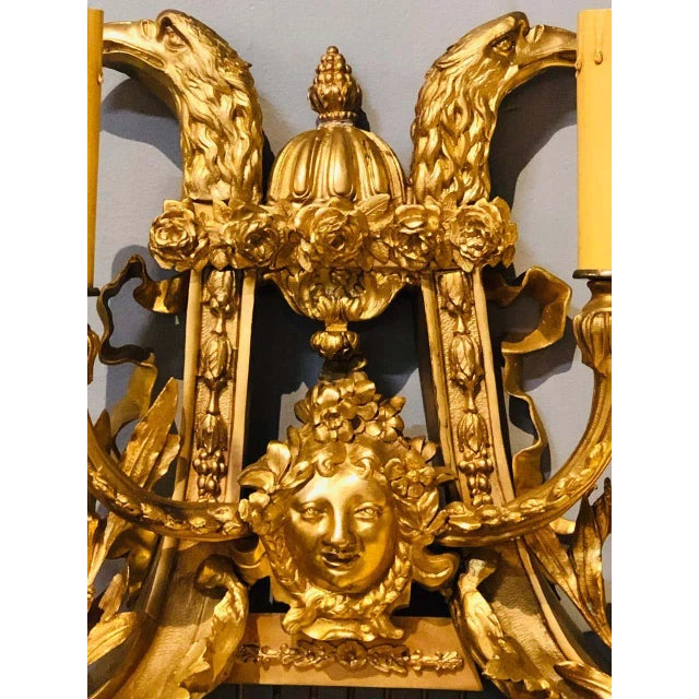 Pair of Four-Light Louis XVI Style Bird & Face Mounted Gilt Bronze Wall Sconces For Sale - Image 4 of 13