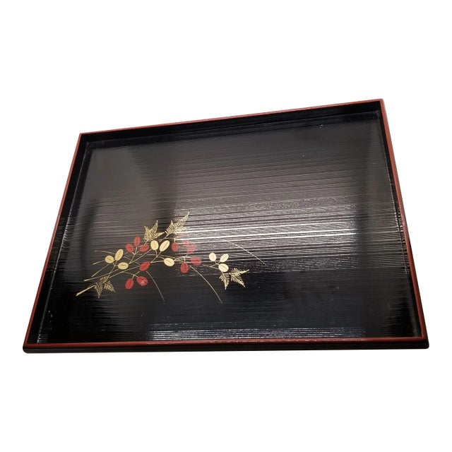 1970s Asian Shikata Wood Lacquered Black Floral Flower Design Japanese Chinese Serving Tray For Sale