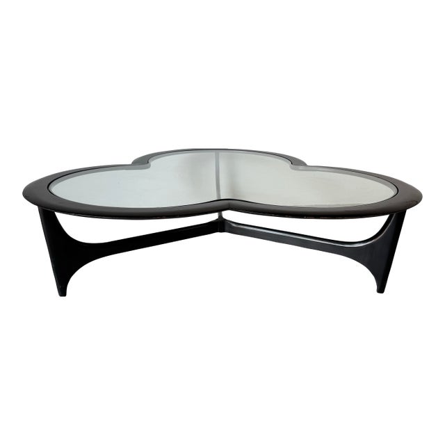 70's Mid-Century "Silhouette" Clover Leaf Black Lacquer Walnut Coffee Cocktail Table For Sale