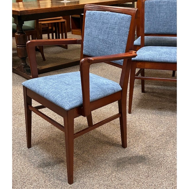 Cornflower Blue Set of Six European Mid Century Modern Mahogany Framed Dining Chairs c.1960 For Sale - Image 8 of 14
