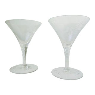 Midcentury Etched Wheat Berry Crystal Stemware Small Martini Glasses Set of 2 For Sale