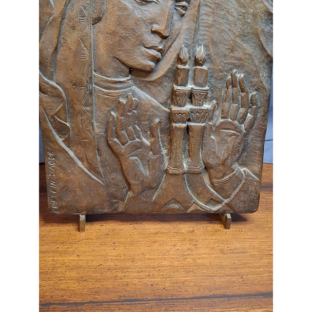 Metal Mid Century Bronze Relief Plaque Sabbath Blessing Jacob Epstein 1921-2003 Judaica For Sale - Image 7 of 11