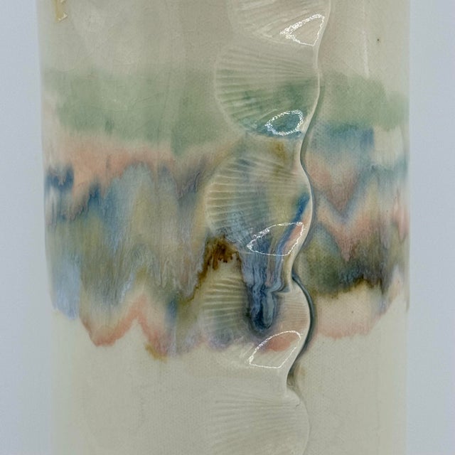 Signed 1992 Studio Pottery Vase With Bamboo Handle, Organic Modern Ceramic Vessel, Handcrafted Art Pottery, Neutral Glaze Cylinder For Sale In Richmond - Image 6 of 11