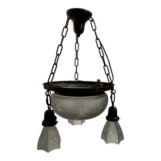 Vintage Brass Hanging Bowl Fixture With Three Satellite Starcut Shades For Sale