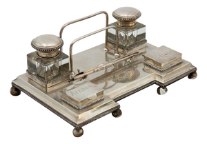 Silver Inkwell Embossed with Acanthus Leaves, Glass Tanks and Monogram Card, Set of 4
