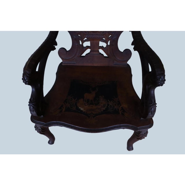 Art Nouveau Antique Swiss 19th Century Black Forest Hunting Arm Chair For Sale - Image 3 of 18