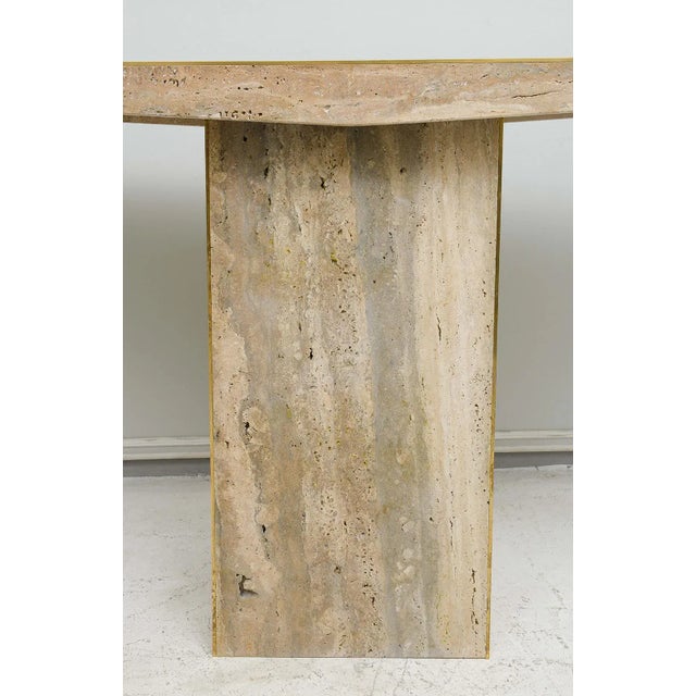 Metal Sculptural Pair of Contemporary Italian Travertine Consoles With Brass Banding For Sale - Image 7 of 8