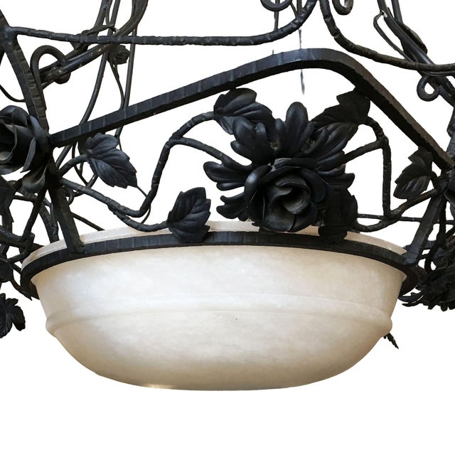 1990s French Country Style Wrought Iron 4 Light Chandelier W/ Alabaster Shades For Sale In Los Angeles - Image 6 of 7