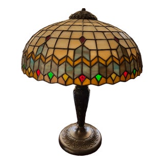 1960s Tiffany Style Leaded Glass Lamp For Sale