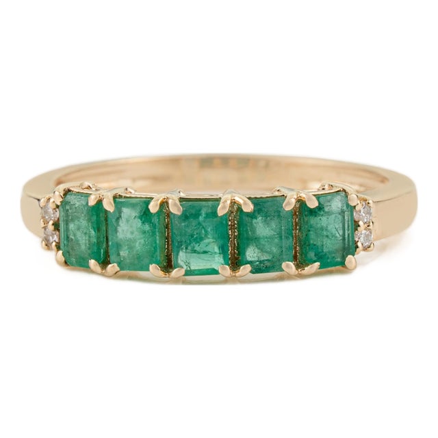 Five-Stone Natural Emerald Band Ring Size 4 With Diamond Accents in 14k Yellow Gold For Sale
