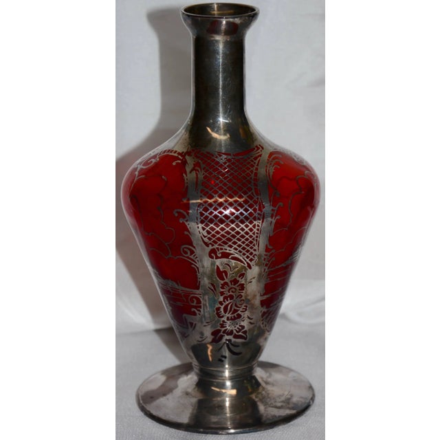 Metal Early 20th Century Ruby With Silver Overlay Vase For Sale - Image 7 of 13