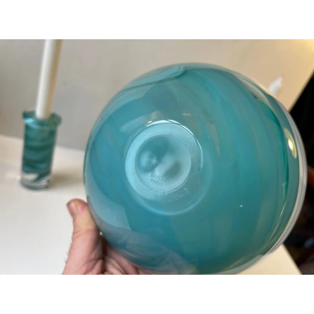 Swedish Blue Atoll Art Glass Bowl & Candlesticks by Anna Ehrner for Kosta Boda, 1980s, Set of 3 For Sale - Image 6 of 9