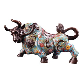 Late 19th Century Cloisonné Enamel Ox Figure, 2400g, Gilt Bronze For Sale