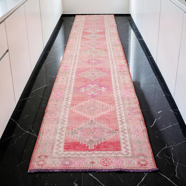 Mid-Century Modern 1970s Pink Kurdish Herki Hand-Knotted Distressed Runner For Sale - Image 3 of 17