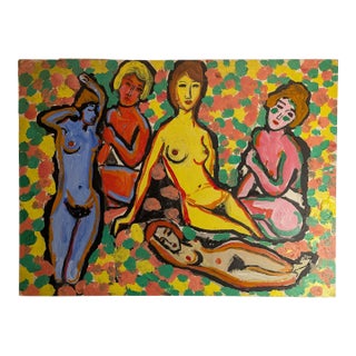 Vintage Expressionist Fauvist Nude Figures Group Painting, Unsigned, Bold Color For Sale