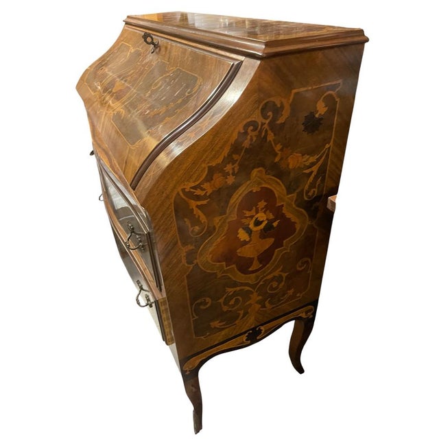 Italian Marquetry Bombe Secretaire Desk with Drop-Front, 1950s For Sale - Image 4 of 17