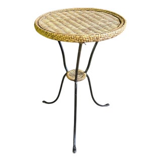 Round Cane Topped Table with Black Tripod Legs For Sale