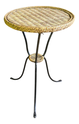 Round Cane Topped Table with Black Tripod Legs