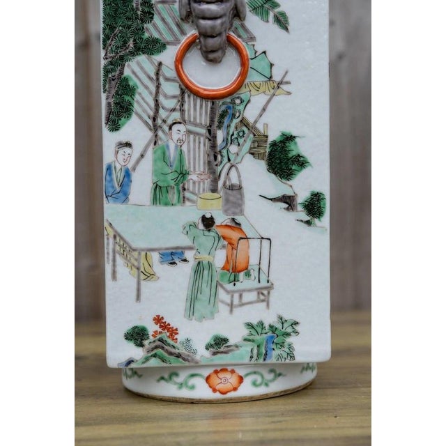 Antique Chinese Famille Verte Wucai Square Cong-Form Porcelain Vase For Sale - Image 11 of 18