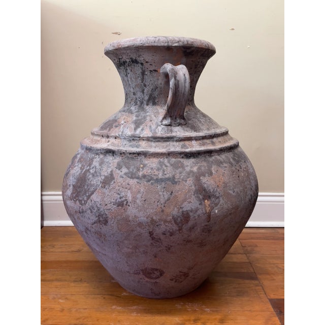 Rustic European Large Matte Gray Clay Olive Jar Pot Vessel With Double Handles For Sale - Image 3 of 13