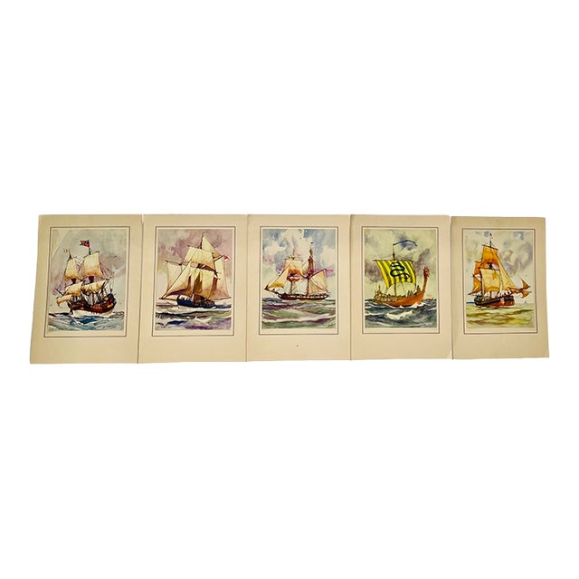 Gordon Grant Nautical Maritime Ship Watercolor Matted Prints-Set of 5 For Sale