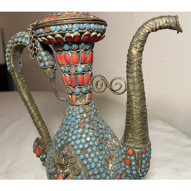 Antique Early 19th Century Handmade Tibetan Coral Turquoise Bronze Pitcher Pot For Sale In New York - Image 6 of 12