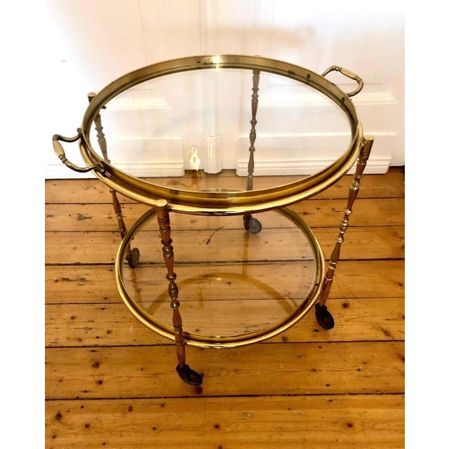 Brass Round Serving Trolley with Smoked Glass Shelves and Removable Tray, 1960s For Sale - Image 3 of 9