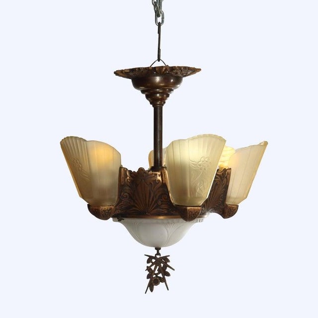 Art Deco 1920s Art Deco 5-Light Bronze Finish Hanging Lamp With Stylized Fans C1920 For Sale - Image 3 of 14