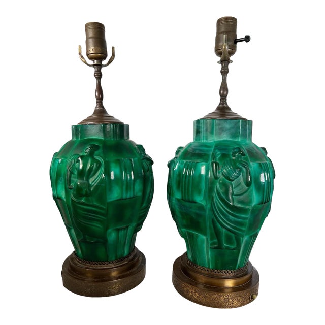 Mid 20th Century Bohemian Art Deco Style Malachite Glass Lamps - a Pair For Sale