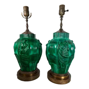 Mid 20th Century Bohemian Art Deco Style Malachite Glass Lamps - a Pair