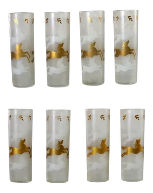 Boxed Set of 8 Mid-Century Modern Libbey Cavalcade Galloping Horse Tom Collins Cocktail Glasses