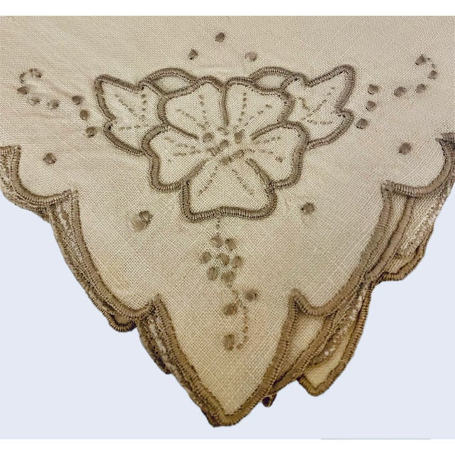 Vintage Madeira Taupe Embroidered Cocktail Napkins, Set/4 For Sale - Image 4 of 6