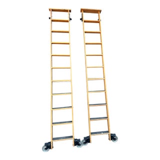 Vintage i.d Cotterman Co. Solid Oak Library Rolling Ladders - A Matching Pair For Sale