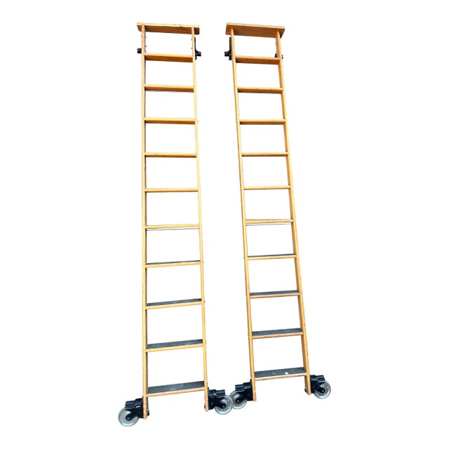 Vintage i.d Cotterman Co. Solid Oak Library Rolling Ladders - A Matching Pair For Sale