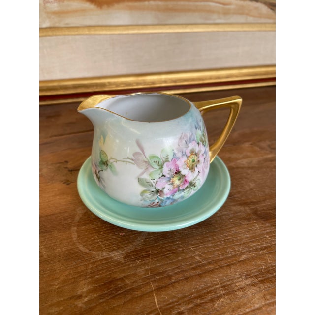Gold Vintage Hand-Painted Floral Creamer and Saucer Set With Gold Trim For Sale - Image 8 of 9