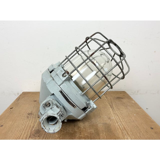 Industrial Grey Bunker Ceiling Light with Iron Cage from Elektrosvit, 1970s For Sale - Image 16 of 18