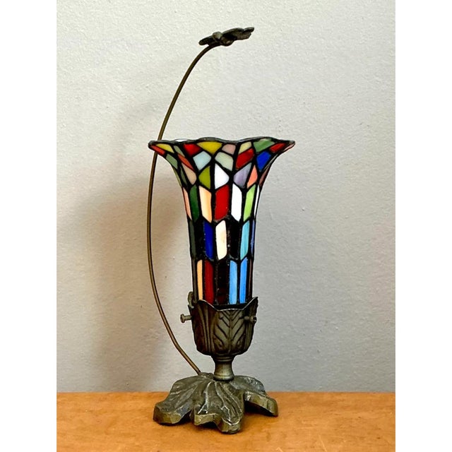 Vintage Stained Glass and Metal Table Lamp For Sale - Image 9 of 12