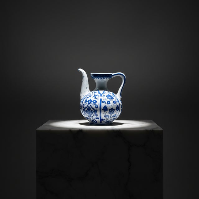 2020s Handmade Ceramic Ewer Pitcher (20cm) Blue and White Rumi Segment Pattern For Sale - Image 5 of 12