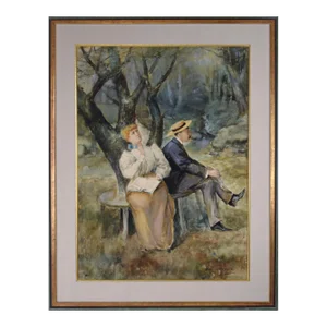 Large 19th Century Watercolor of a Couple Sitting Under a Tree by Gean Smith (1858-1928)