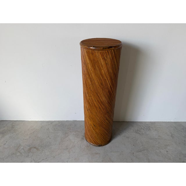 Wood 1970s Vintage Boho Chic Pencil Reed & Wood Cylindrical Pedestal Plant Stand For Sale - Image 7 of 12