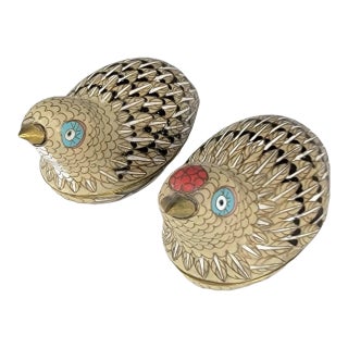 Early 20th Century Chinese Cloisonné Enamel Quail Boxes, Turquoise and Gold Pair For Sale