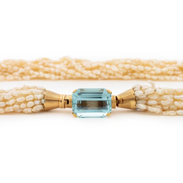 Modern 14k Gold, Aquamarine and Multi-Strand Pearl Necklace For Sale - Image 3 of 7