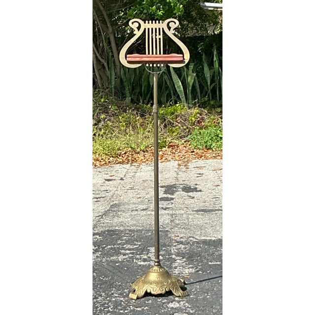 Wood Vintage Regency Brass Lyre Music Stand For Sale - Image 7 of 10