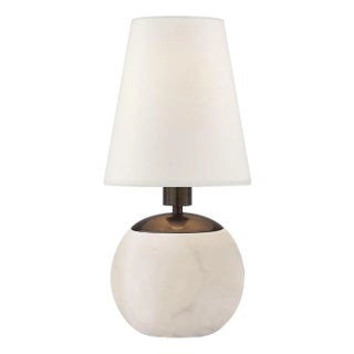 Thomas O'Brien by Visual Comfort Signature Tiny Terri Round Accent Lamp in Alabaster with Linen Shade For Sale