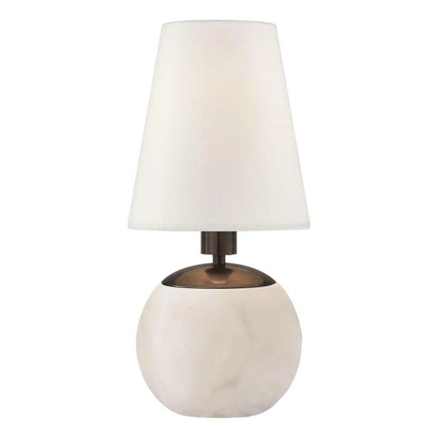 Thomas O'Brien by Visual Comfort Signature Tiny Terri Round Accent Lamp in Alabaster with Linen Shade For Sale