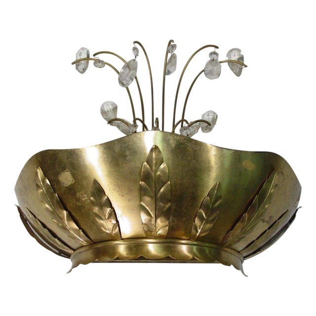 1920s Art Deco Brass Hollywood Regency Palm Leaf Wall Sconce W/ Crystal Arms For Sale