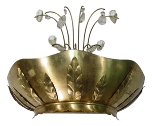 1920s Art Deco Brass Hollywood Regency Palm Leaf Wall Sconce W/ Crystal Arms
