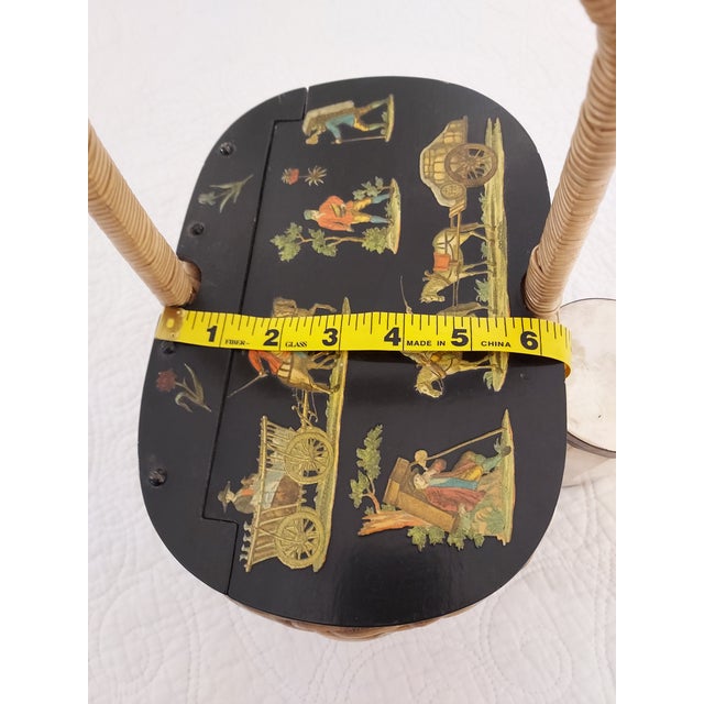 Decoupage Wicker and Wood Handbag 1973 for Purse, Sewing Basket 11" Wide For Sale - Image 10 of 11