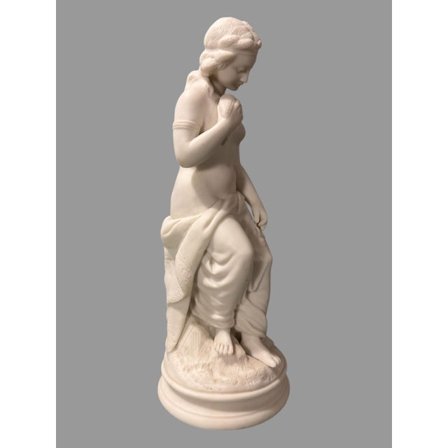 Art Nouveau Antique Victorian 11" Art Nouveau Figural Parian Statue of a Maiden & Dove For Sale - Image 3 of 8