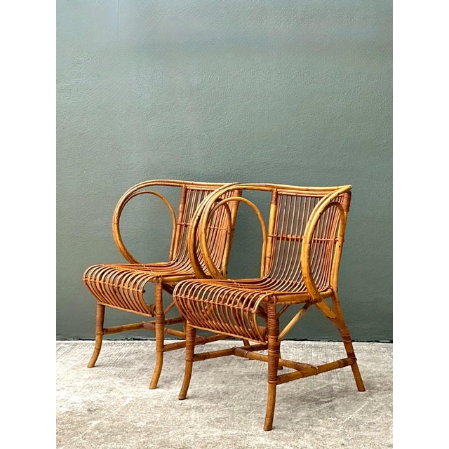 Wood Vintage 1940s Danish Tove Kindt Larsen for Robert Wengler Stick Rattan Lounge Chairs - A Pair For Sale - Image 7 of 12